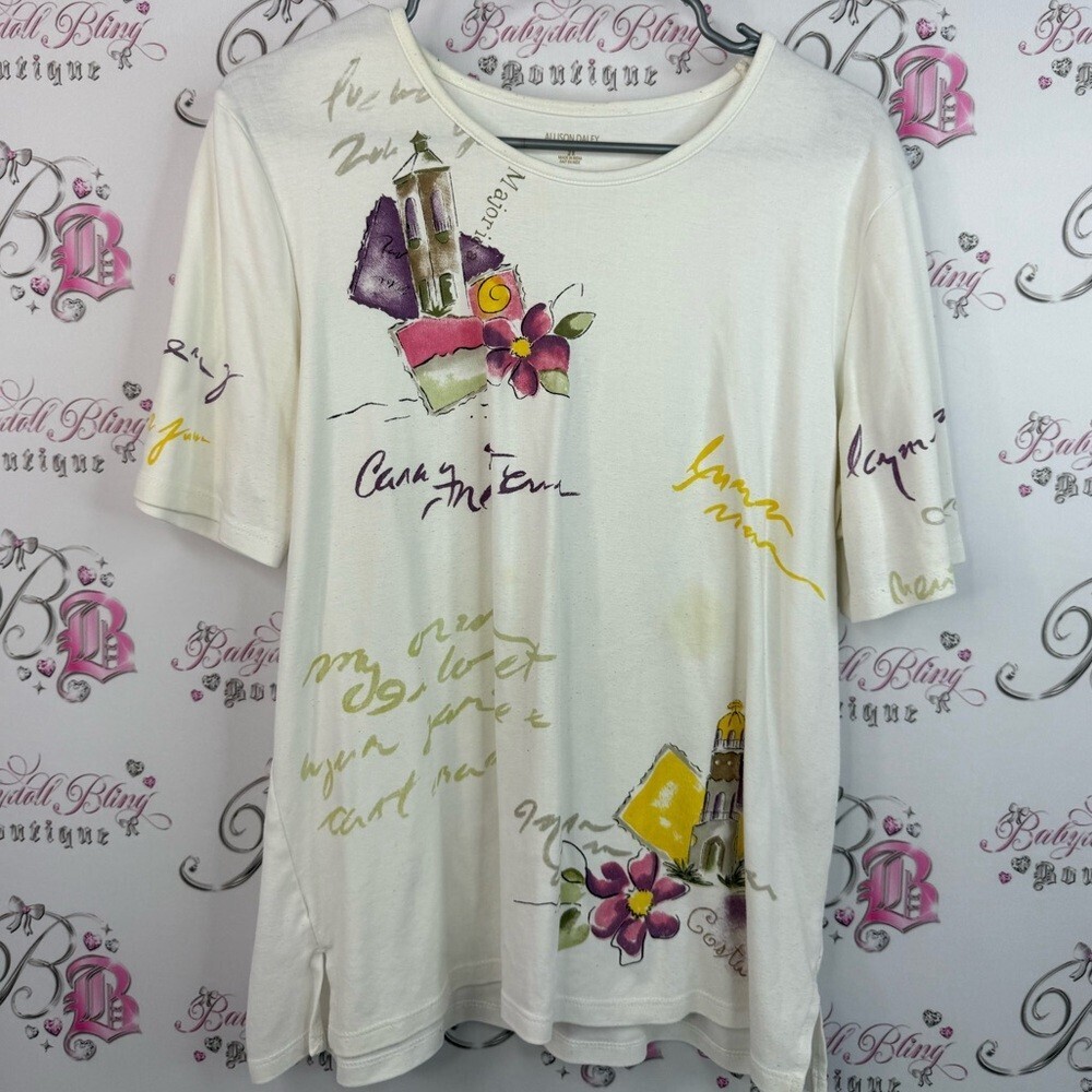 Allison Daley T-shirt writing travel White Tee with Colorful Graphic